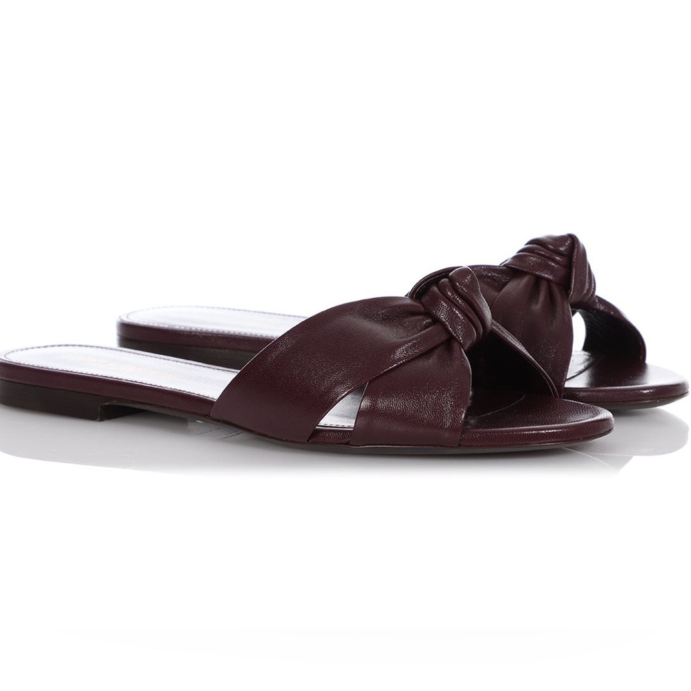 Saint Laurent size 40 slide Bianca sandals. Burgundy, top knot, quiet luxury.